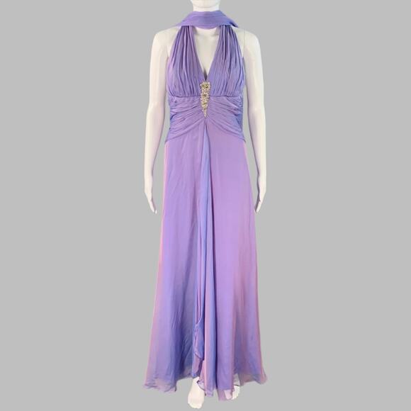 BADGLEY MISCHKA Size S Purple Lilac Silk Iridescent Halter Evening Gown - Picture 1 of 13